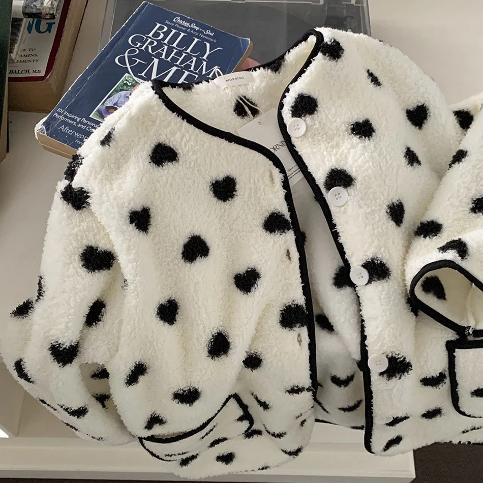 韩式ins冬季加厚毛绒爱心撞色圆领韩系家居服睡衣加绒秋冬套装