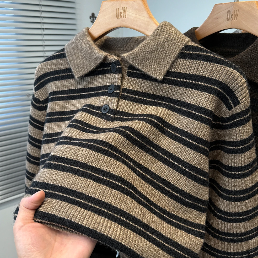 翻领毛衣男款2025新款秋冬季休闲条纹polo领针织衫男装加厚套头潮