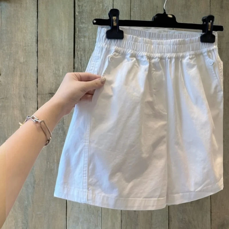 纯棉松紧腰宽松休闲短裤女阔腿裤高腰口袋纽扣拼接2025夏季居家裤