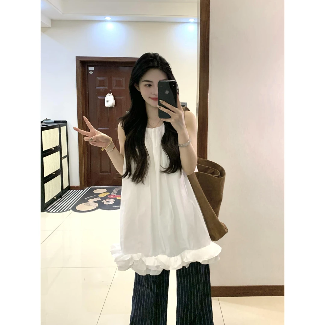 减龄少女感无袖压褶花边白色上衣女宽松百搭设计感背心裙2025夏