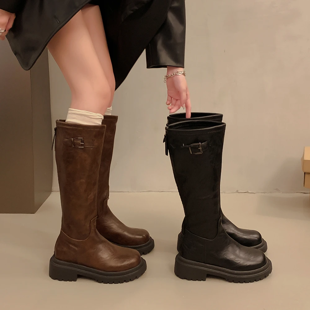 美拉德西部牛仔骑士靴显瘦秋冬季新款粗中跟厚底皮带扣长筒靴子女