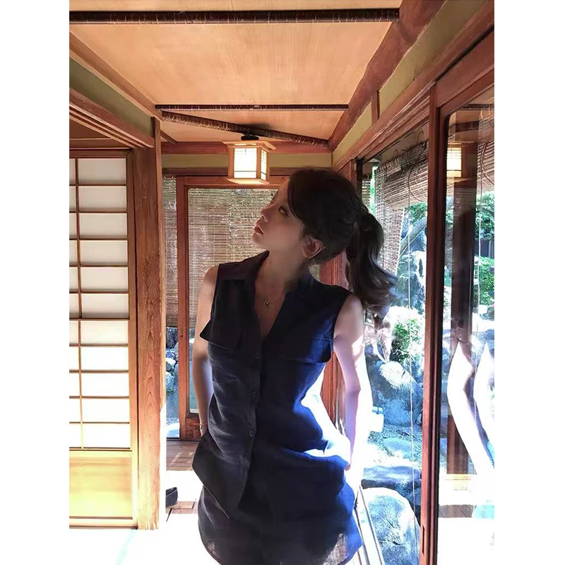 2025夏季新款韩系温柔气质极简无袖开衫上衣女配高腰显瘦裙裤