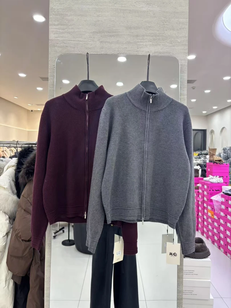 韩系双拉链立领针织开衫毛衣【9732-】