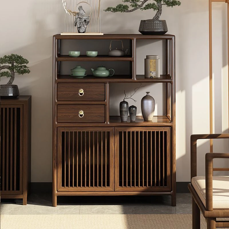 新中式博古架乌金色多宝阁置物架实木展示柜矮柜茶室边柜茶叶茶柜