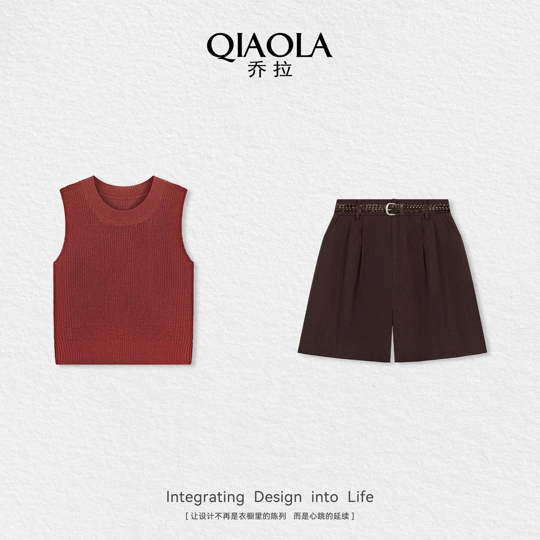 QIAOLA/乔拉【伯爵酒心】夏新款无袖圆领背心梭织短裤时尚套装