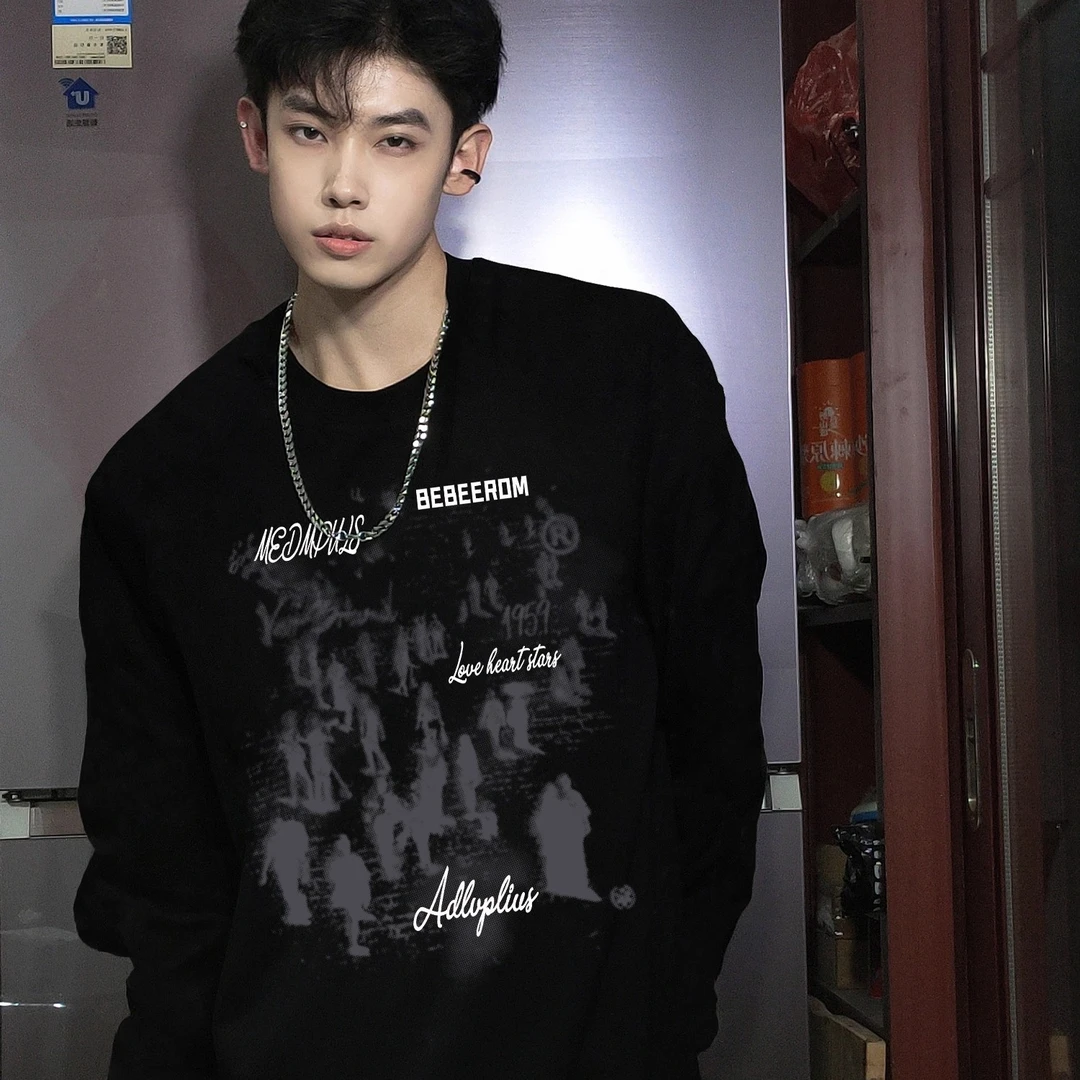 秋冬季美式国潮牌纯棉长袖t恤高街休闲宽松街头痞帅重磅打底上衣