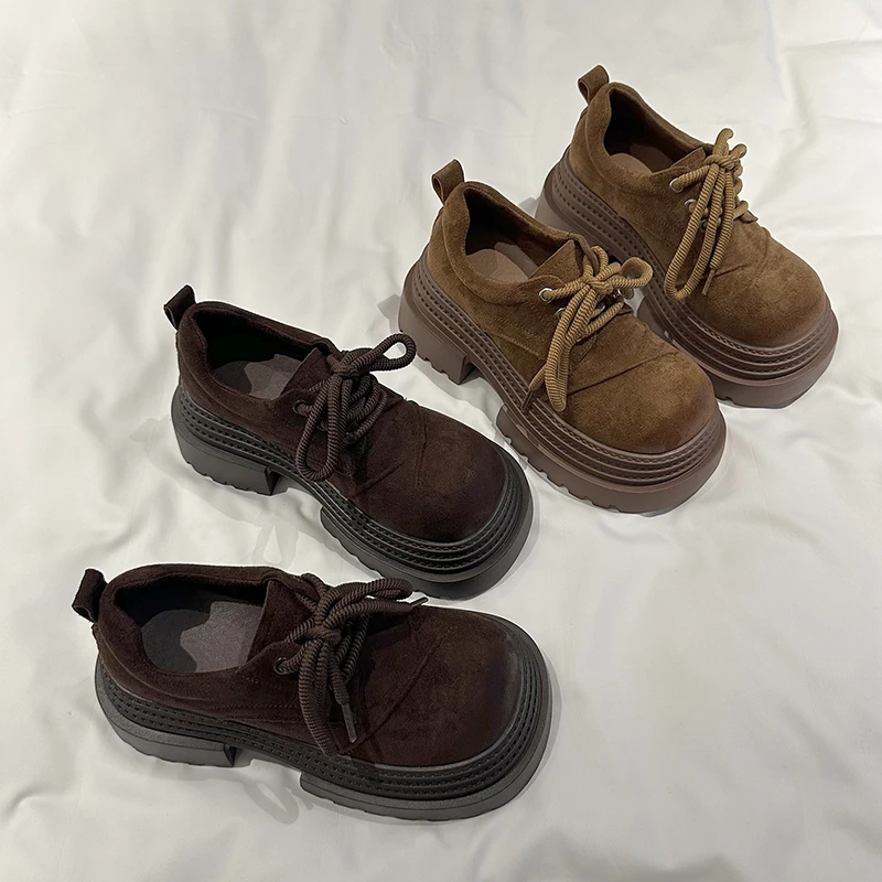 棕色厚底乐福鞋女2025秋季新款复古磨砂大头鞋小个子增高深口单鞋