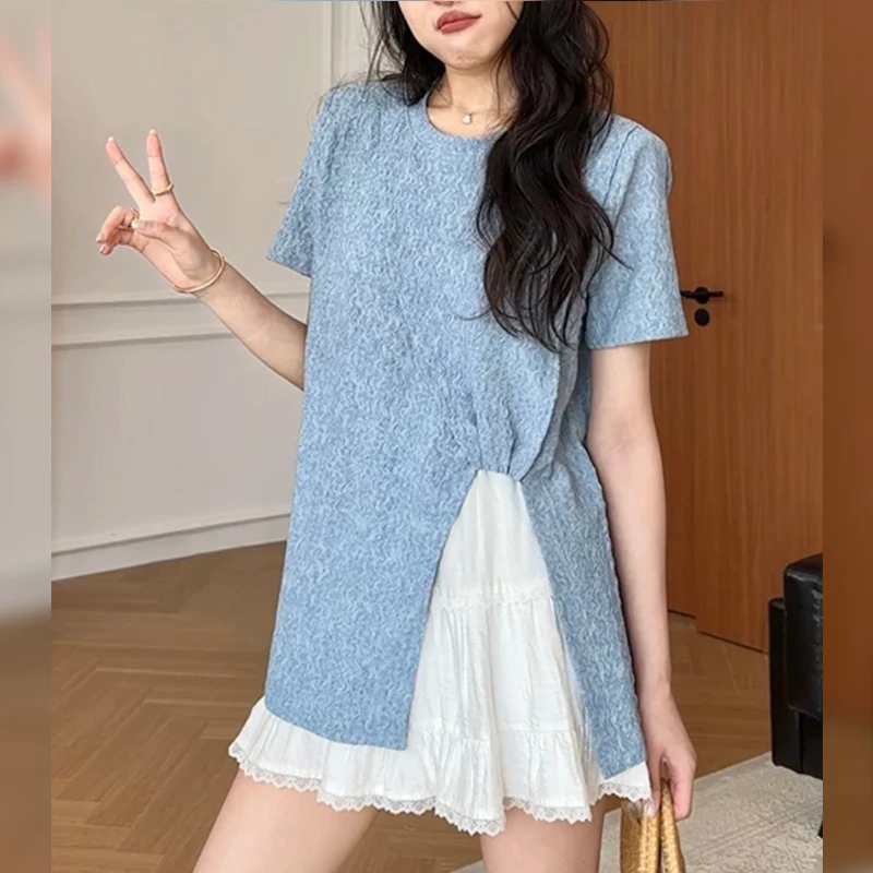 百搭宽松休闲上衣夏季薄款胖MM大码女装不规则设计感圆领短袖T恤