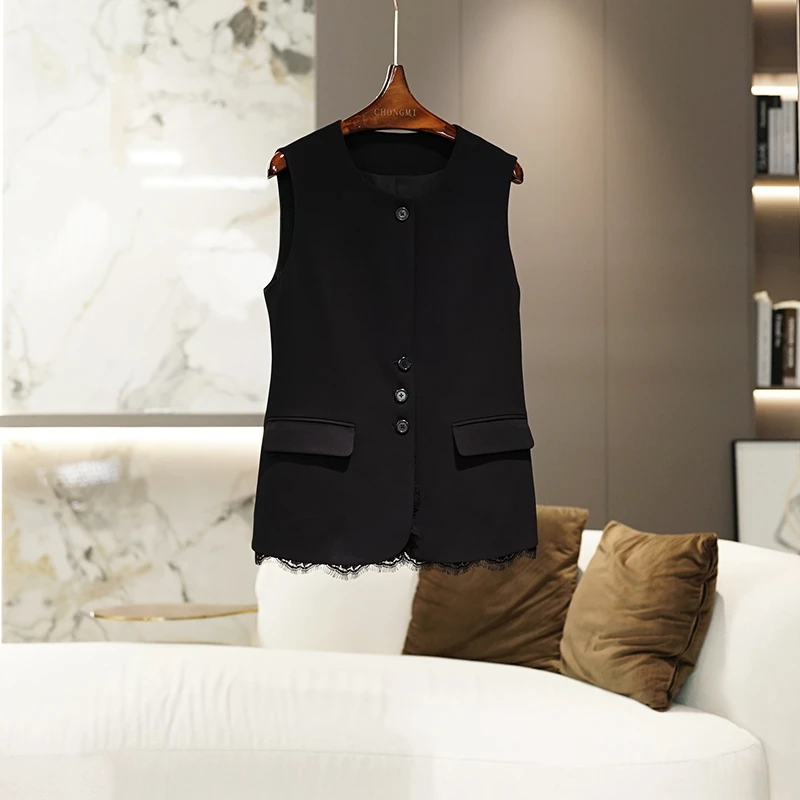 醋酸拼蕾丝黑色马甲女2025春季新款时尚百搭气质女士上衣