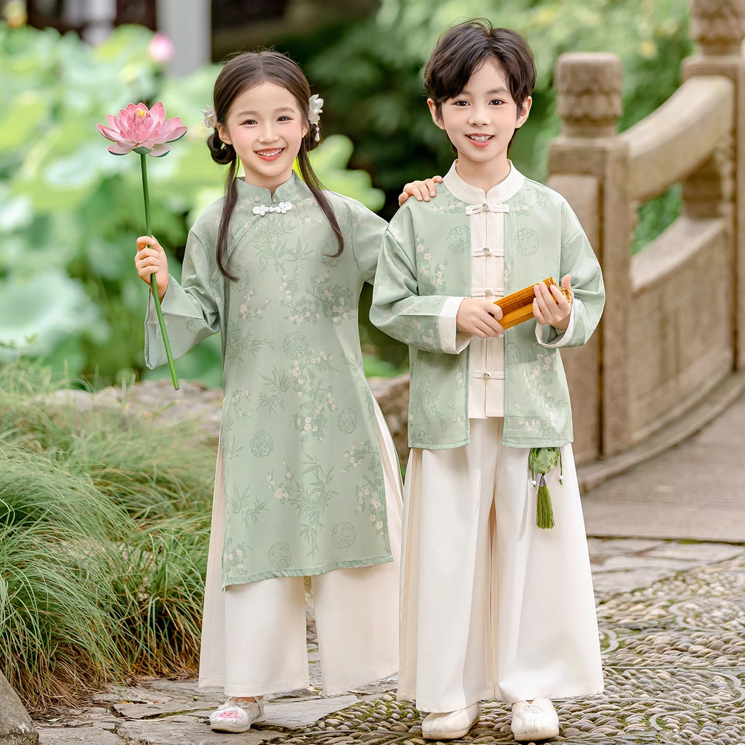 男童汉服春秋女童旗袍连衣裙套装新中式国风亲子装唐装中秋演出服