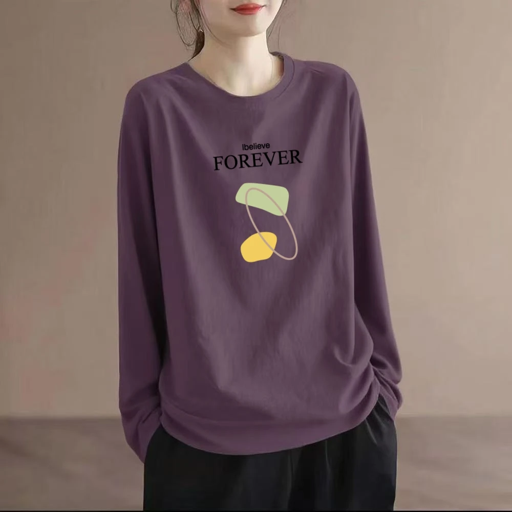 纯棉长袖t恤女士宽松显瘦2025秋季新款洋气减龄休闲大码圆领上衣