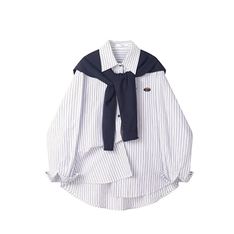 孕妇春季新款法式披肩蓝色条纹衬衫设计感小众叠穿长袖上衣