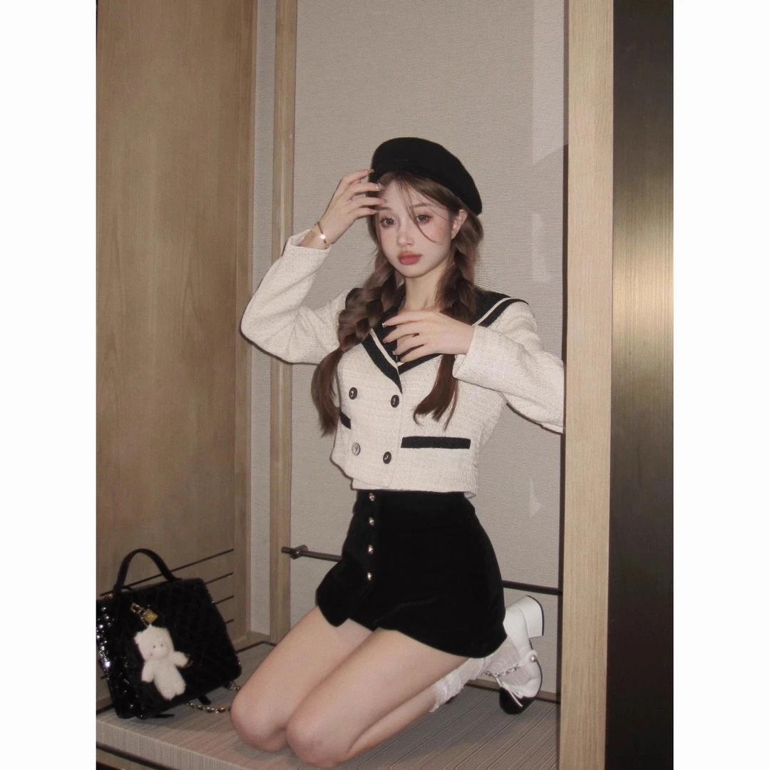 小香风套装女海军领撞色粗花呢外套法式高级感短款丝绒短裤两件套