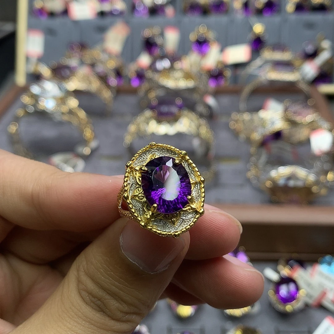 银S925镀金镶嵌戒指水晶