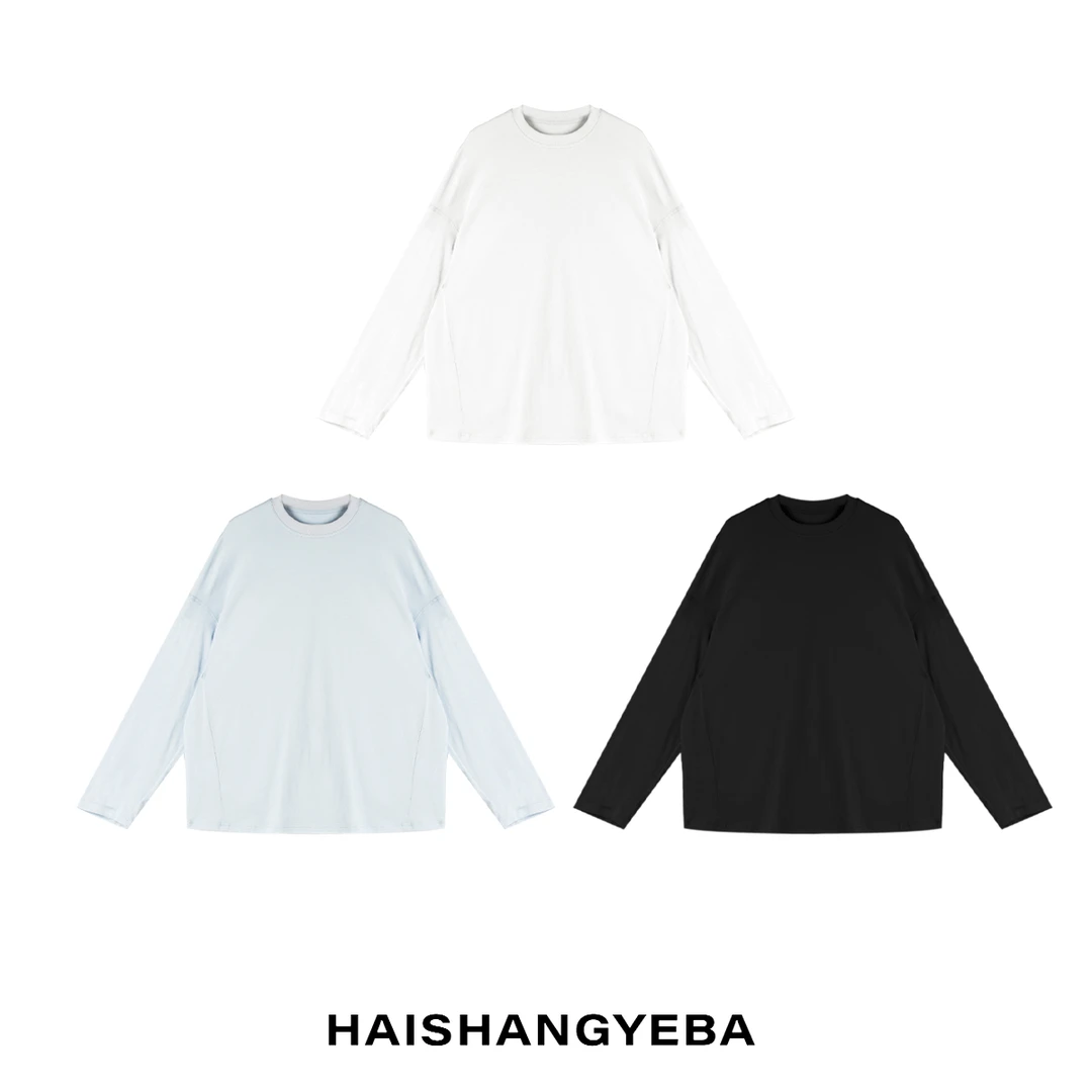 【海上叶爸】新款2025秋冬百搭棉圆领套头宽松简约纯色休闲T恤