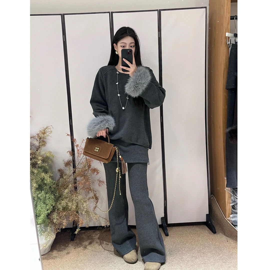 加绒套装休闲慵懒感毛边上衣加绒时尚套装袖口毛毛上衣+屁帘裤