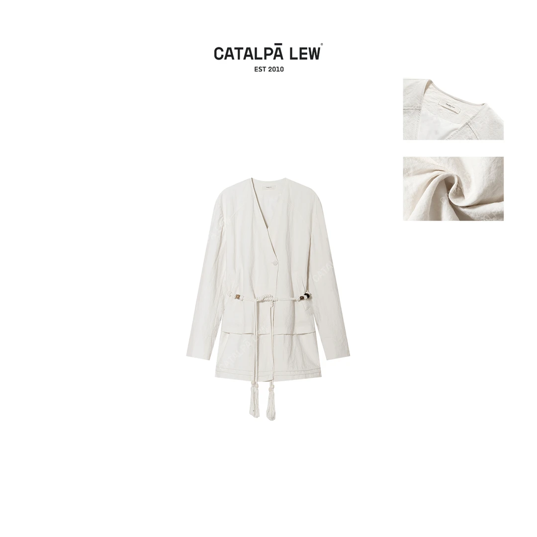 CatalpaLew「松花酿」墟生美学亚麻空气洗解构腰绳纸感风衣#C52354