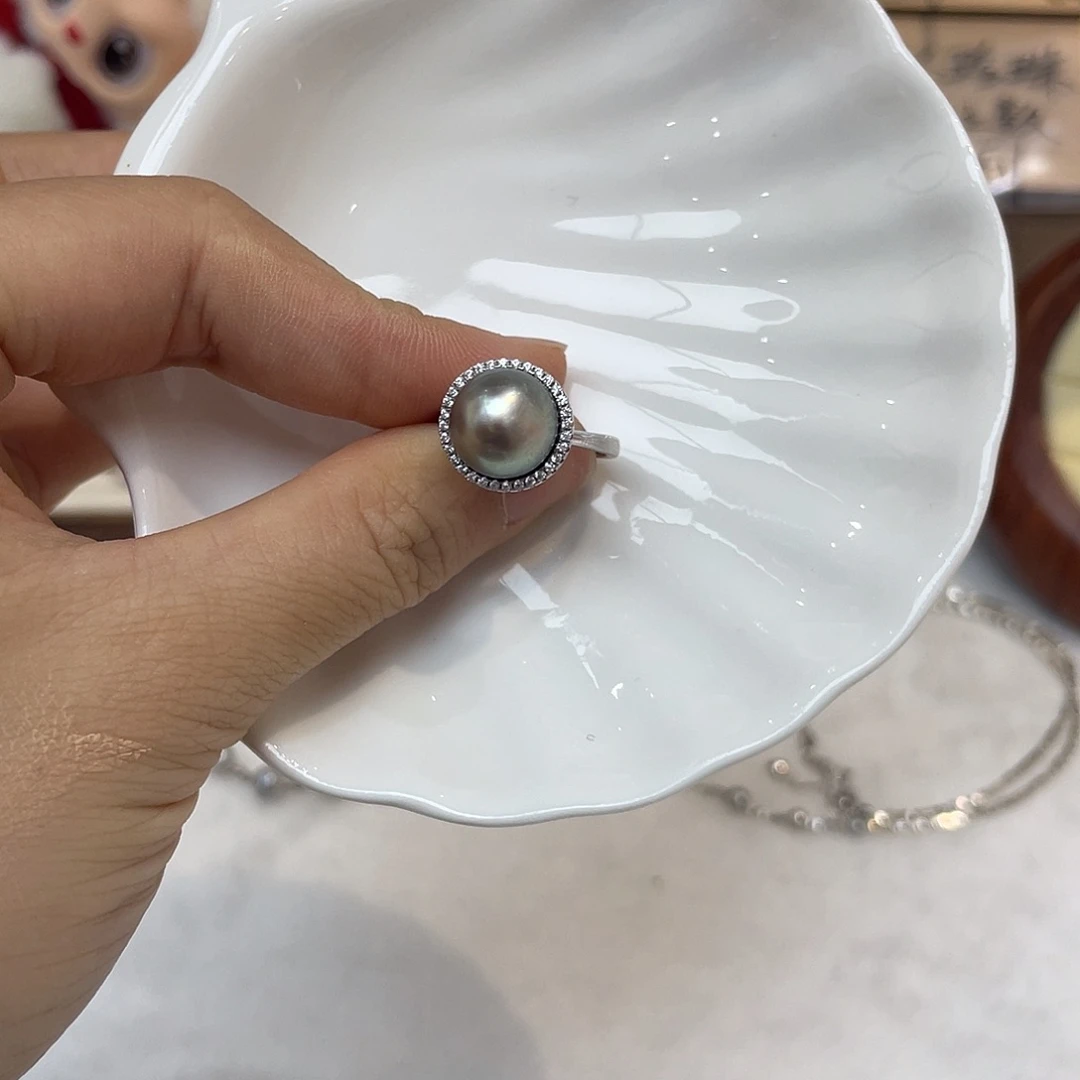银S925镶嵌戒圈海水珍珠