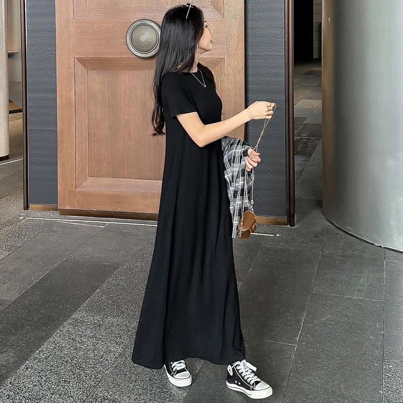 莫代尔垂感连衣裙长裙女2024夏季黑色慵懒a字裙宽松显瘦长款裙子