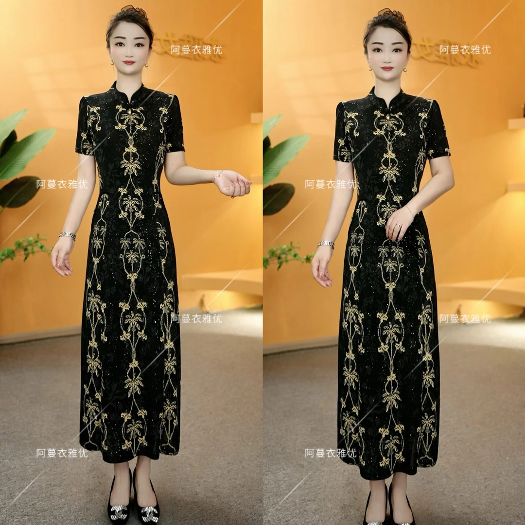 【衣雅严选】8121-2153#新款新中式简约款满天星烫金旗袍连衣裙