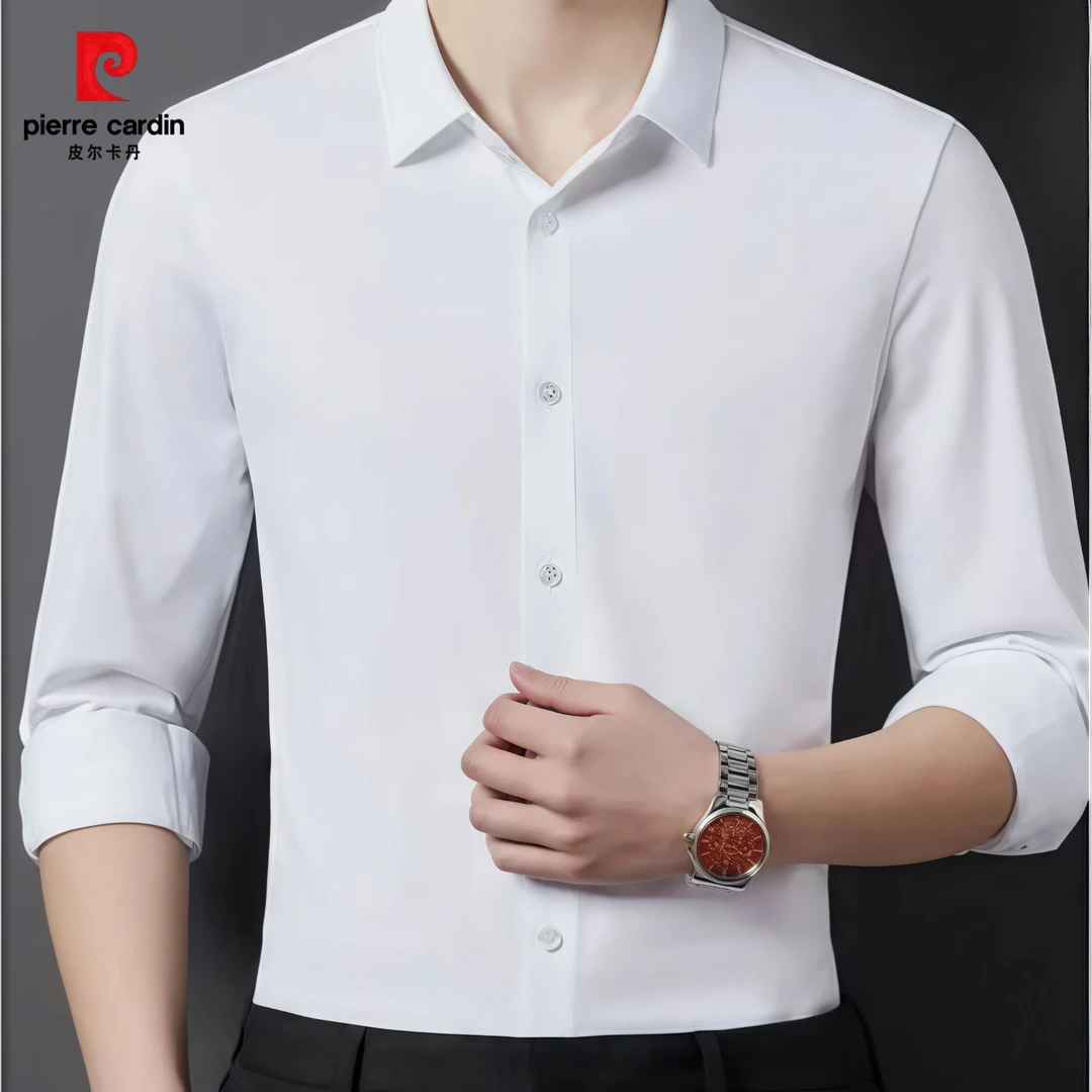 皮尔卡丹四季款衬衫男士商务休闲抗皱四面弹长袖修身显瘦衬衣