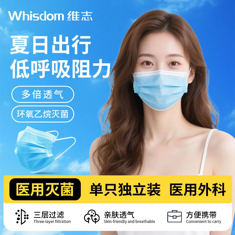 维志医用外科口罩三层护肤不勒耳透气一次性独立包装成人款灭菌