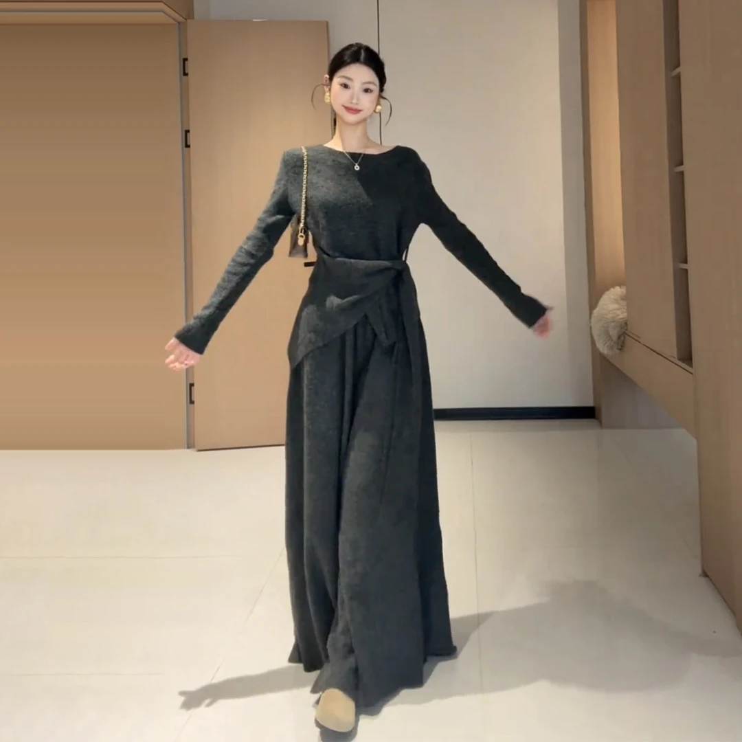韩系设计感不规则针织衫阔腿裤两件套2026新款秋冬慵懒气质套装女