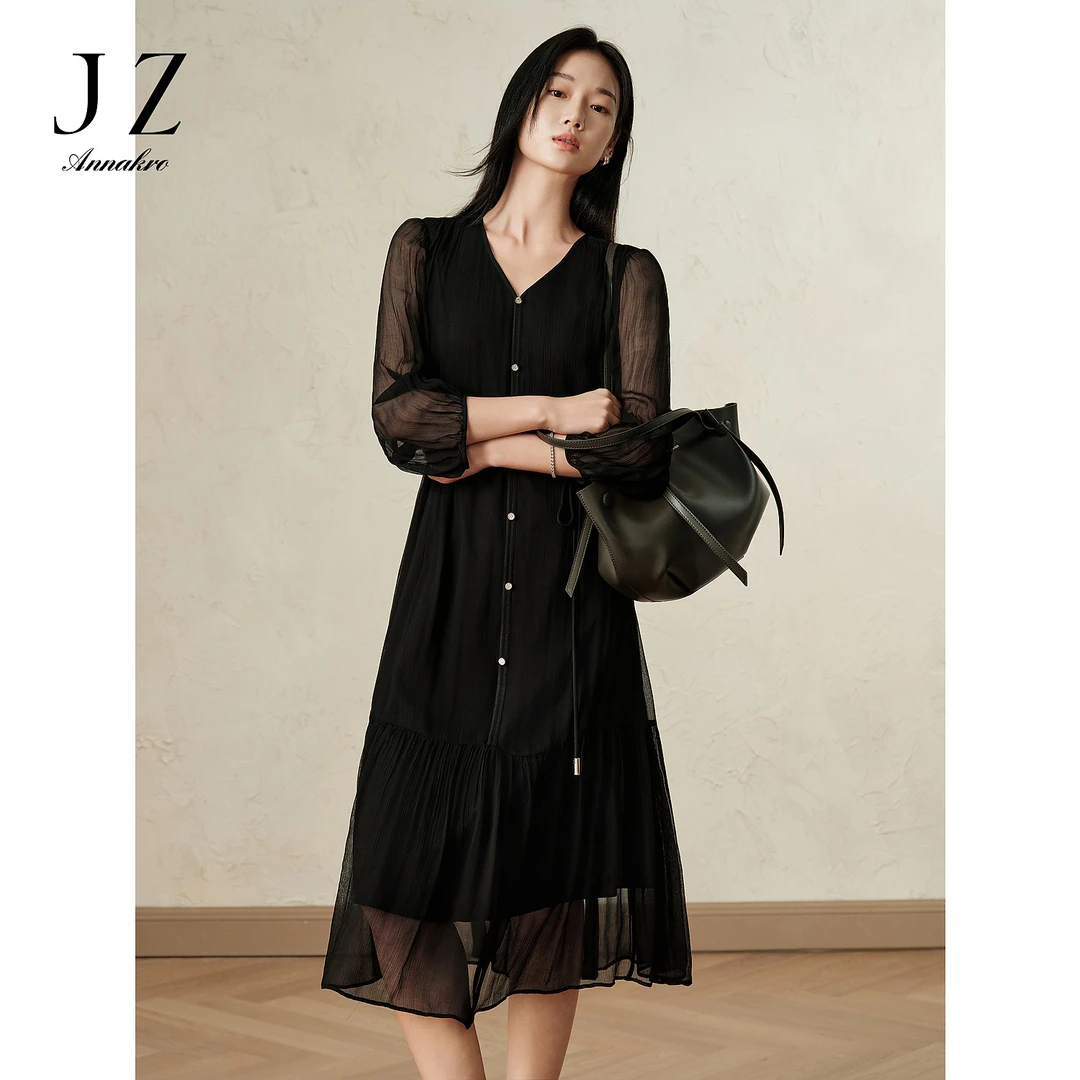 玖姿安娜蔻JTEQ50042层次感拼接慵懒收腰飘逸垂坠连衣裙女