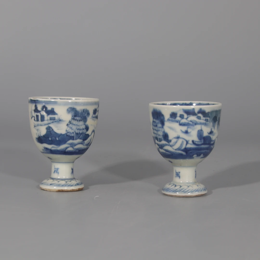 青花山水纹高足杯一对    H410-206/207
