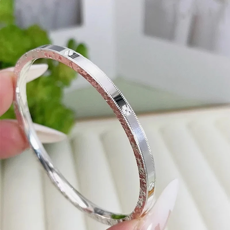 足银手镯 9999 纯银女碎碎冰四叶草闭口实心手环时尚精致百搭首饰