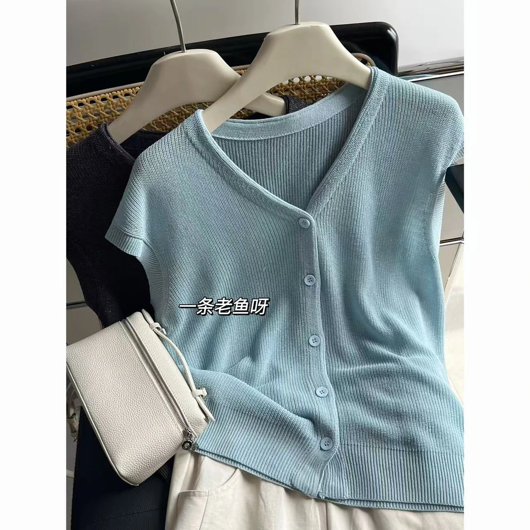 M 天丝亚麻 小飞袖针织短袖女 韩版休闲百搭T恤