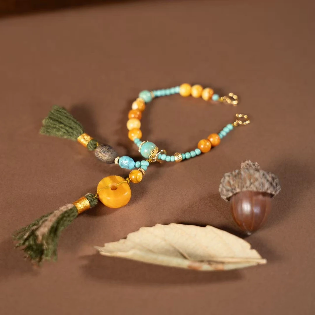 【壹芳珠宝】天然原矿蜜蜡饼子绿松提溜