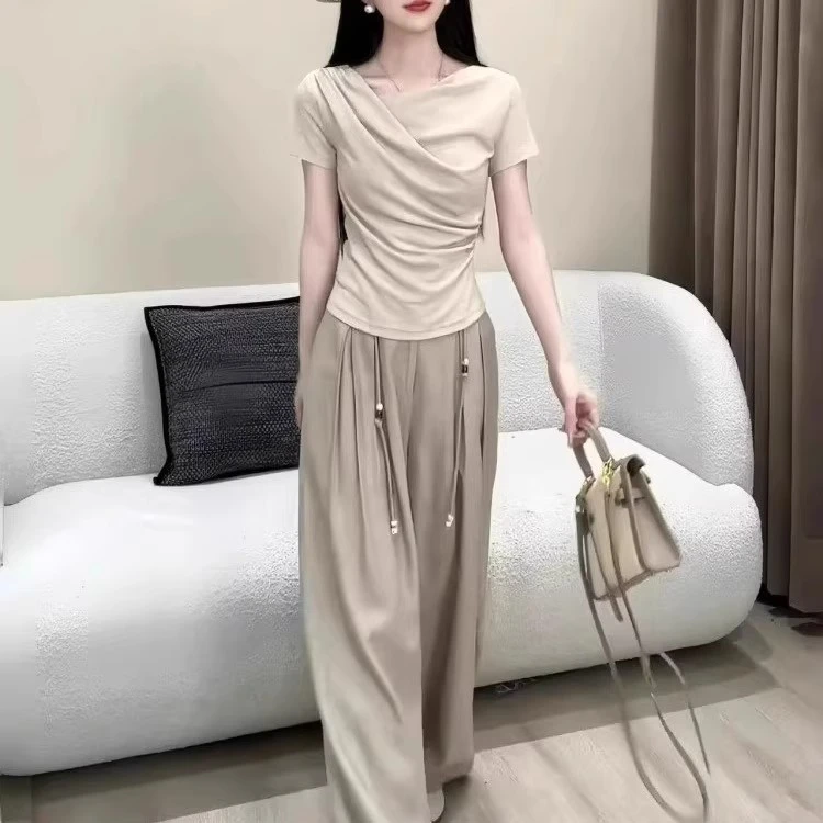 2025夏季新款法式高级感褶皱短袖上衣搭高腰显瘦阔腿裤两件套套装