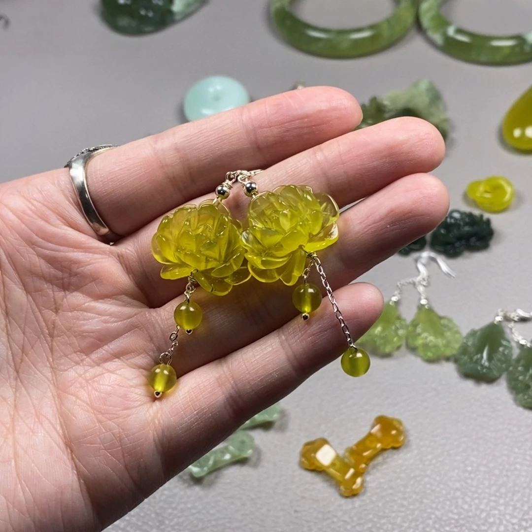 蛇纹石玉银S925镶嵌挂件耳饰