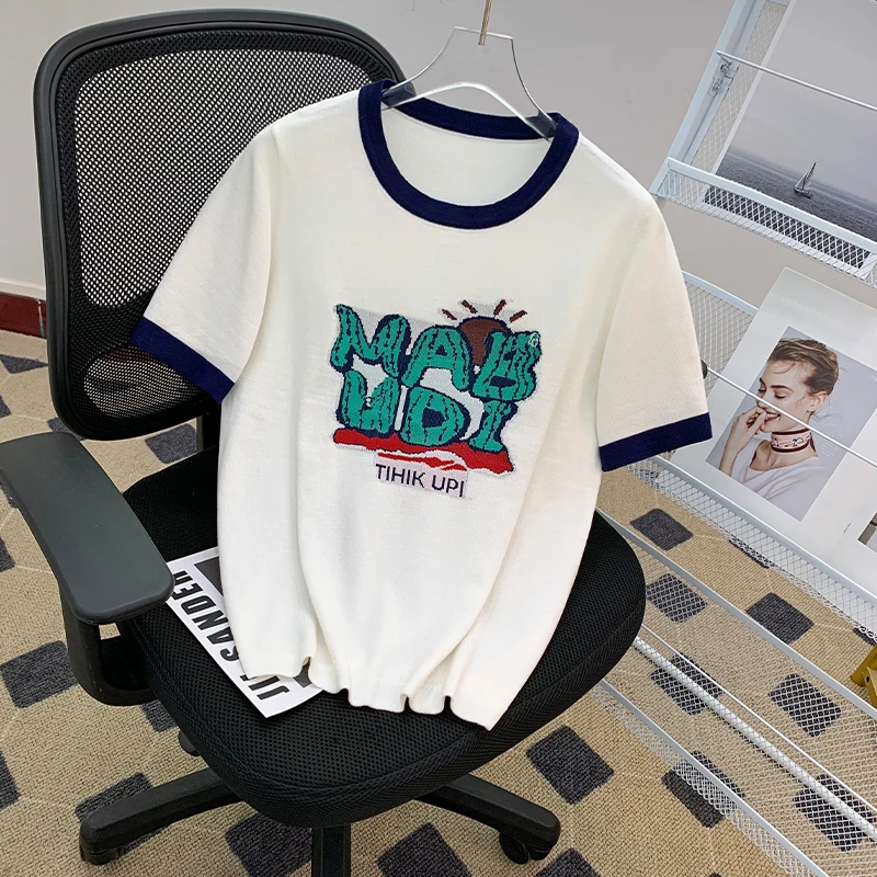 2025新款短袖针织T恤女夏字母刺绣小衫减龄时尚显瘦百搭上衣