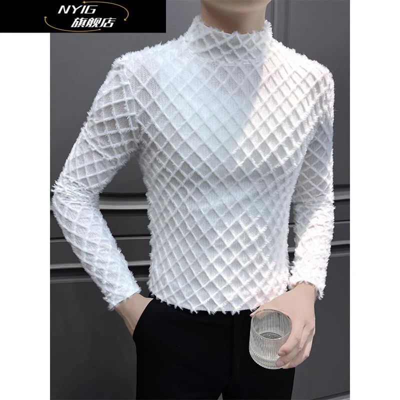 NYIG菱形格毛绒打底衫男秋2025新款高级感痞帅内搭半高领长袖T恤