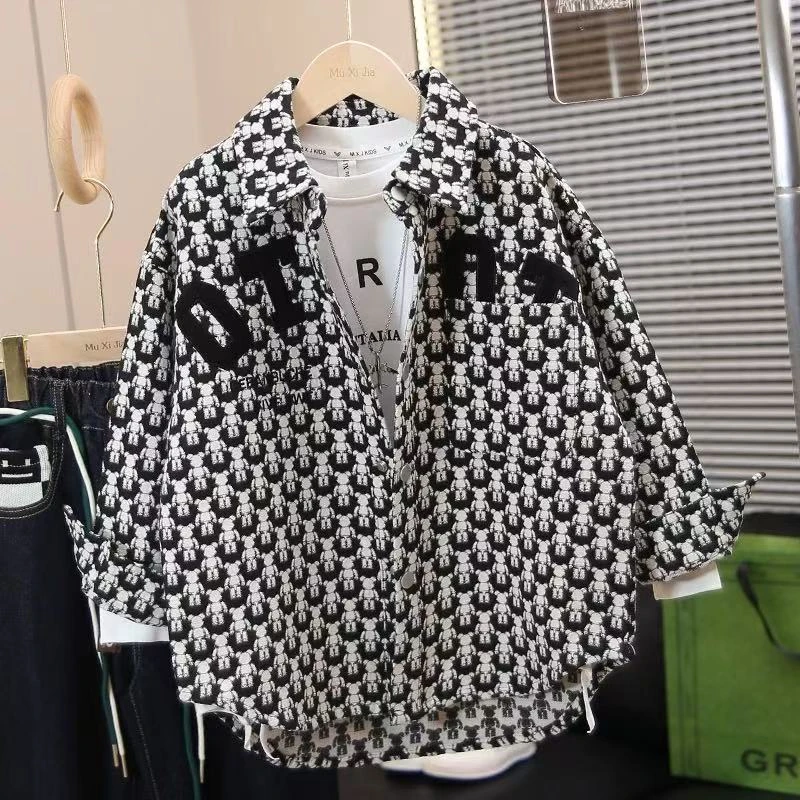 男童春装长袖衬衫外套2025新款儿童痞帅春秋款上衣韩版大童衬衣潮