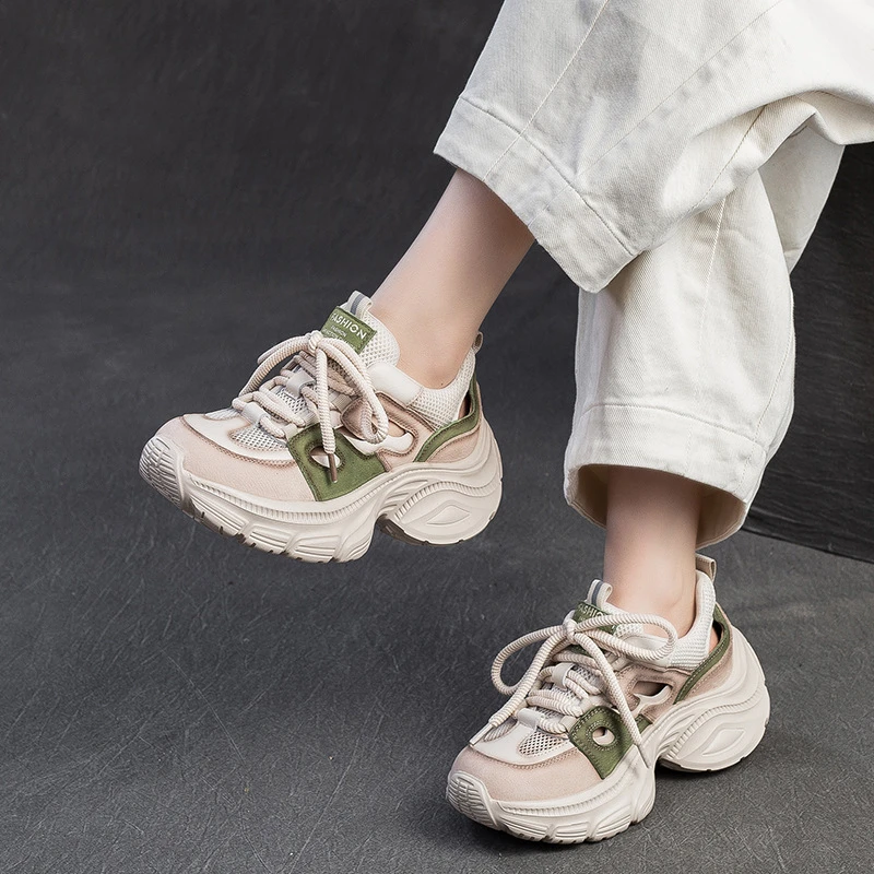 夏季新款透气网面拼色老爹运动风凉鞋休闲小众潮女鞋潮流厚底韩版