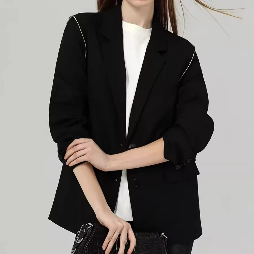 251108/145 春时尚通勤设计感领西装大廓型显瘦撕边撞色外套女