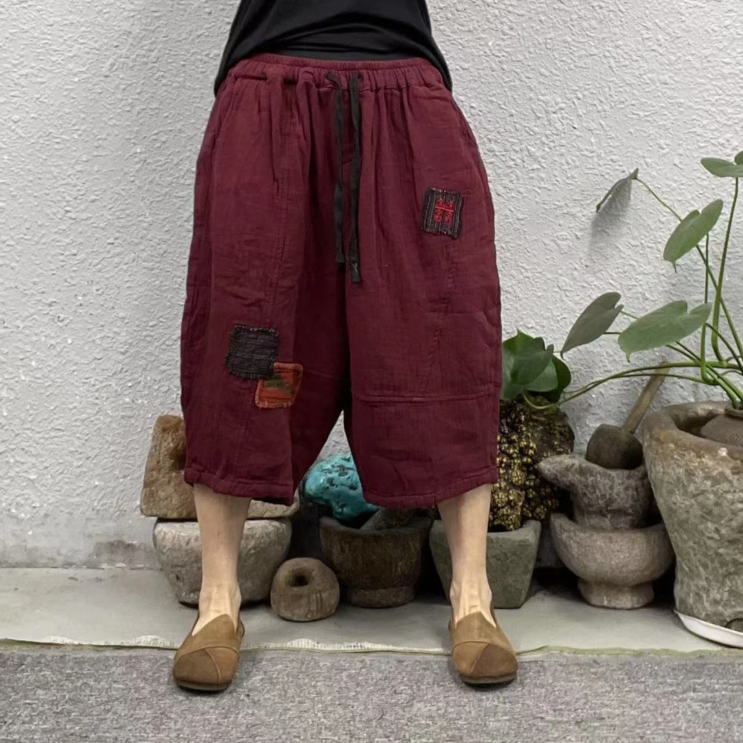 2571左口袋绣喜复合色织麻休闲裤（长68臀围134脚口58