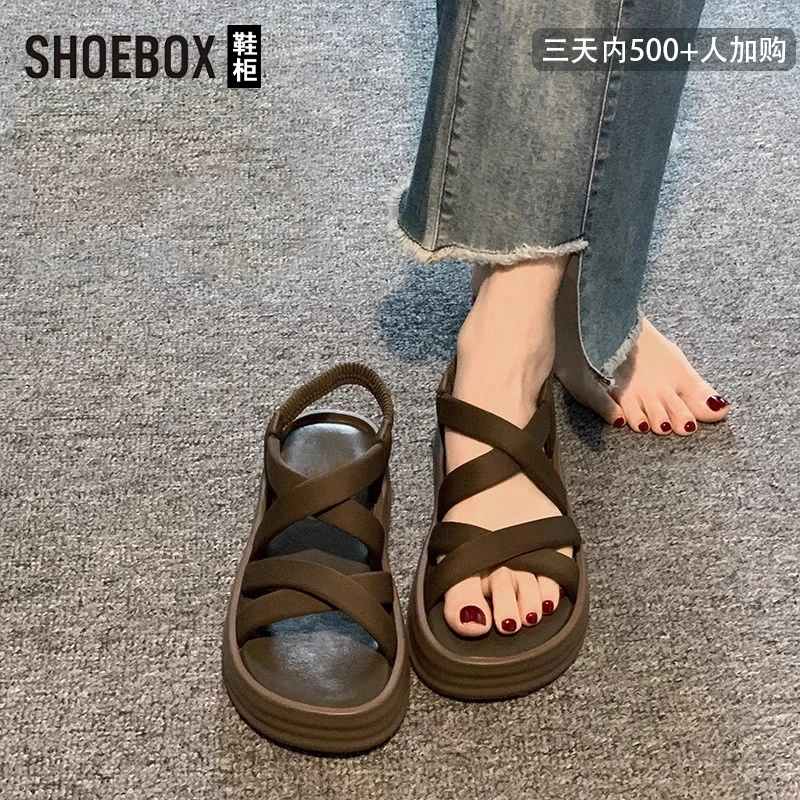 达芙妮集团旗下厚底罗马凉鞋女2025夏外穿复古百搭交叉休闲沙滩鞋