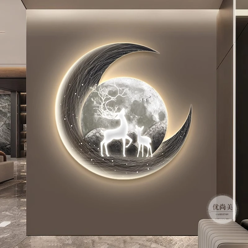 轻奢高档玄关装饰画led灯画高级感挂画麋鹿月球客厅背景墙面壁画