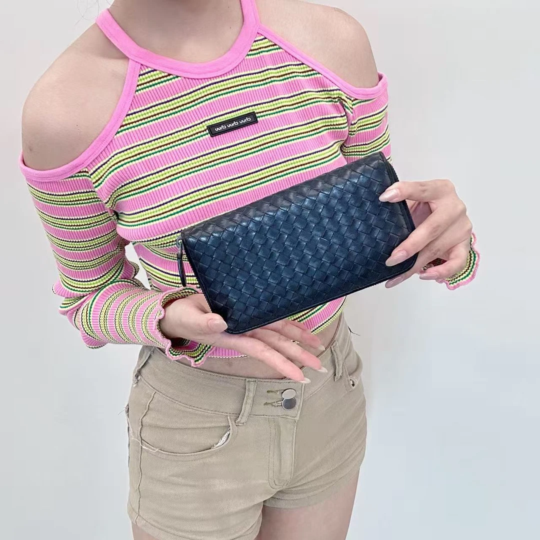 95新 BOTTEGA VENETA/葆蝶家 小元/黑色编织长款钱包