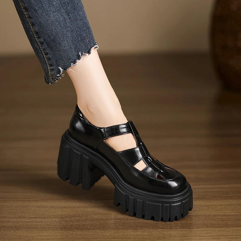 小个子增高9cm~镂空包头罗马凉鞋女夏新款编织猪笼鞋丁字扣女鞋子