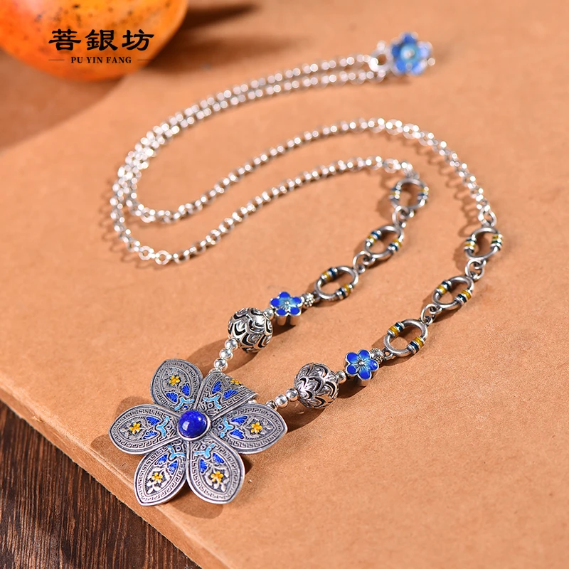 链子925银珐琅 【菩银坊】六瓣莲花原创项链，浮雕工艺，55厘米