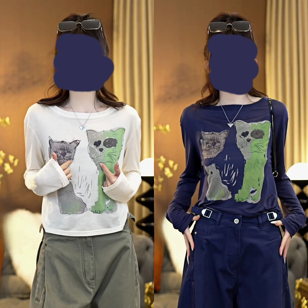 『防晒猫咪』夏季卡通小猫薄款防晒打底衫印花长袖T恤上圆领