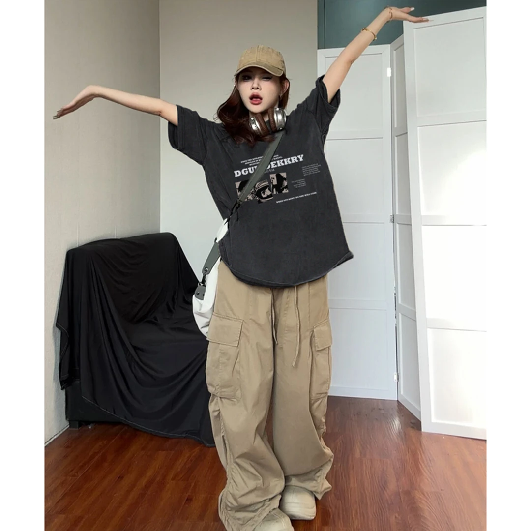 Labzaa日系休闲卡通字母印花短袖t恤女春款打底内搭宽松纯棉上衣