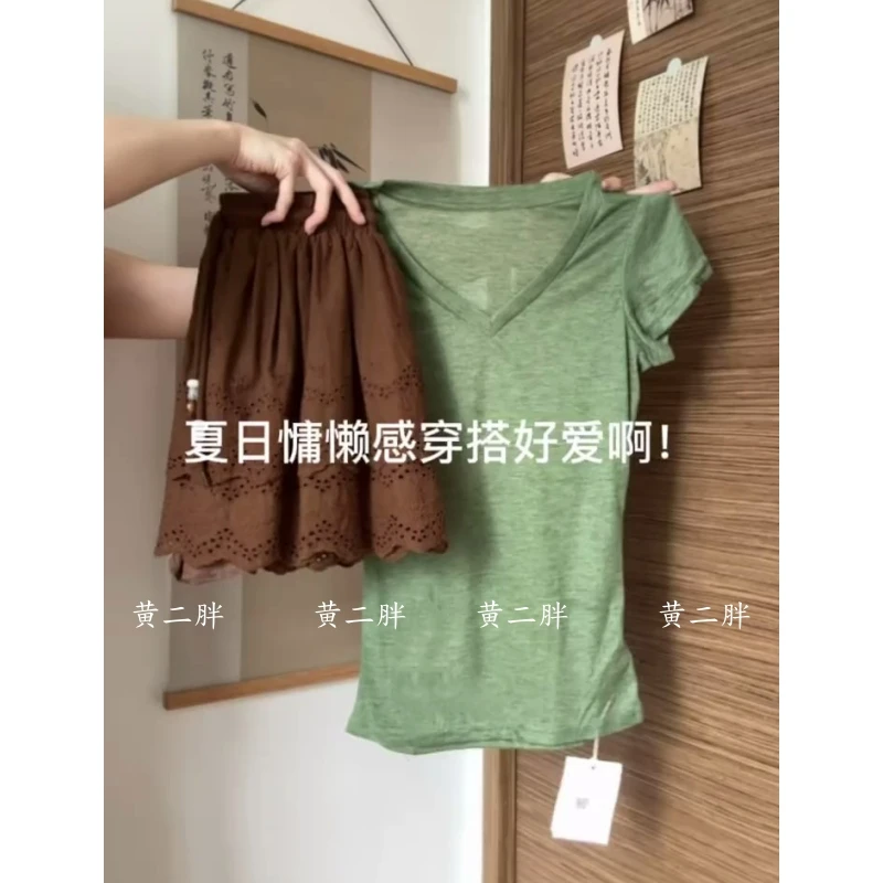 绿色V领正肩短袖T恤女韩系简约修身显瘦上衣+小个子防走光半身裙