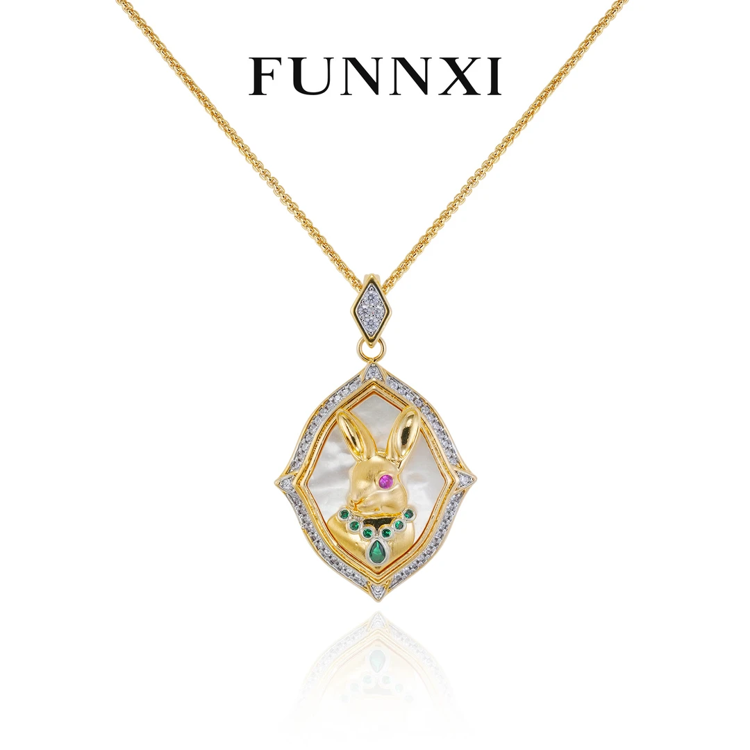 FUNNXI 铜合金贝壳吊坠 【爱丽丝奇境】金色兔子围镶项链复古可爱