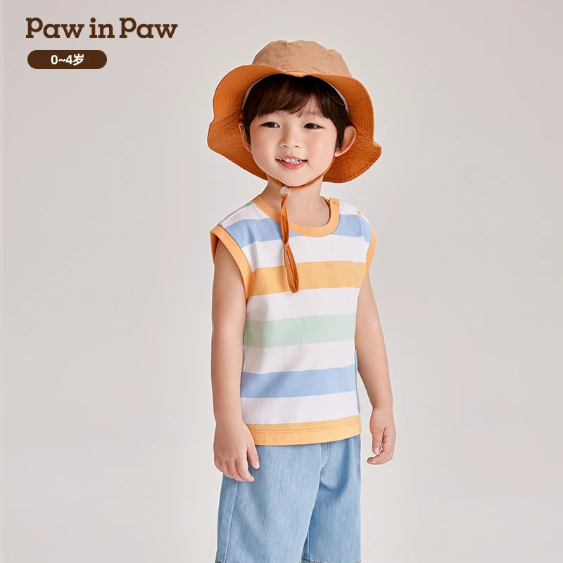 【达人专属】PawinPaw小熊夏季男宝无袖撞色条纹印花T恤PCRNE2571M